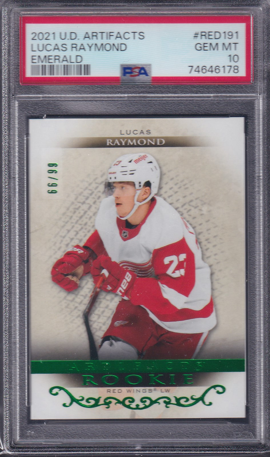 LUCAS RAYMOND - 2021 Upper Deck Artifacts Rookie EMERALD #RED191, /99, PSA 10