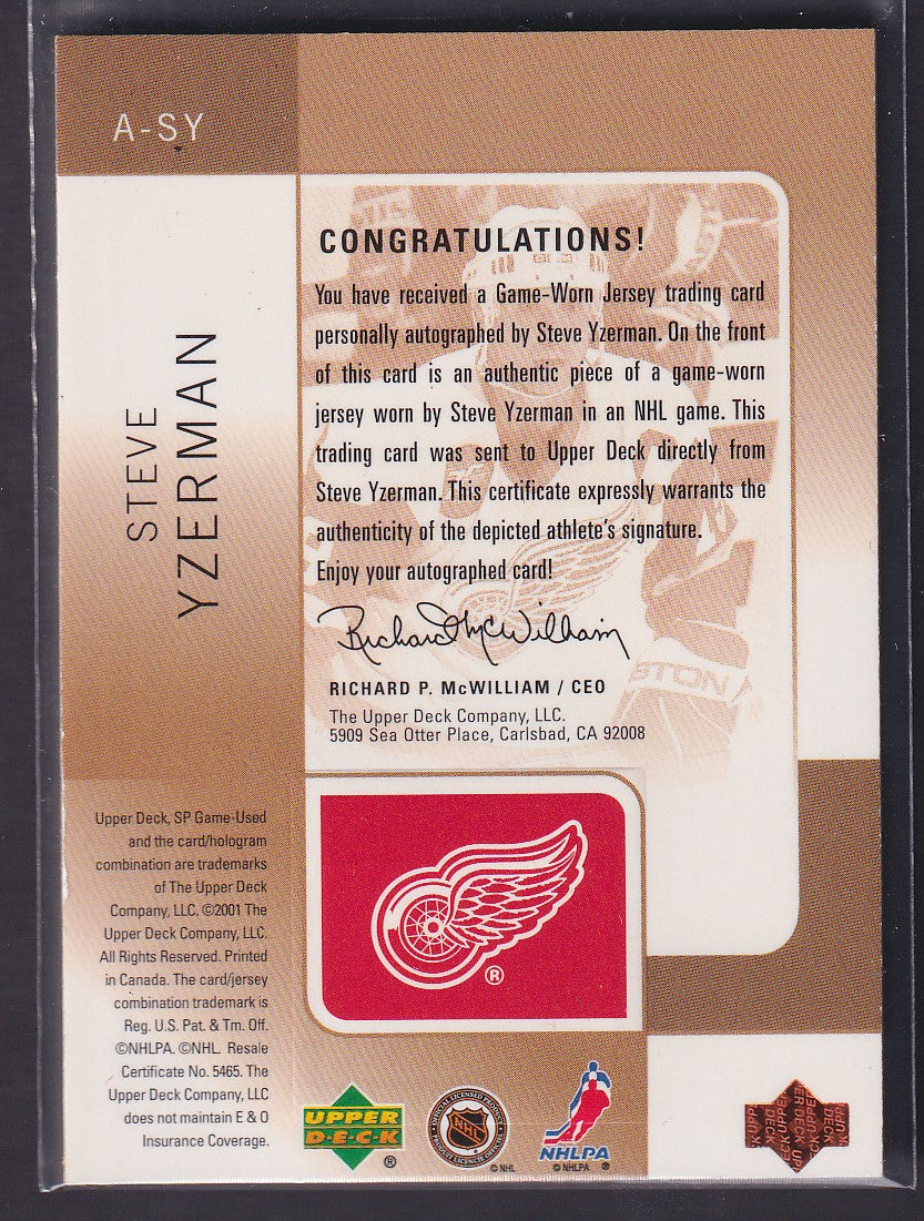 STEVE YZERMAN - 2001 Upper Deck SP Tools of the Game Auto Patch #A-SY, /300