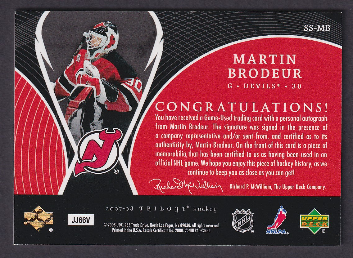 MARTIN BRODEUR - 2007 UD Trilogy Honorary Scripted Swatches Auto #SS-MB, /50