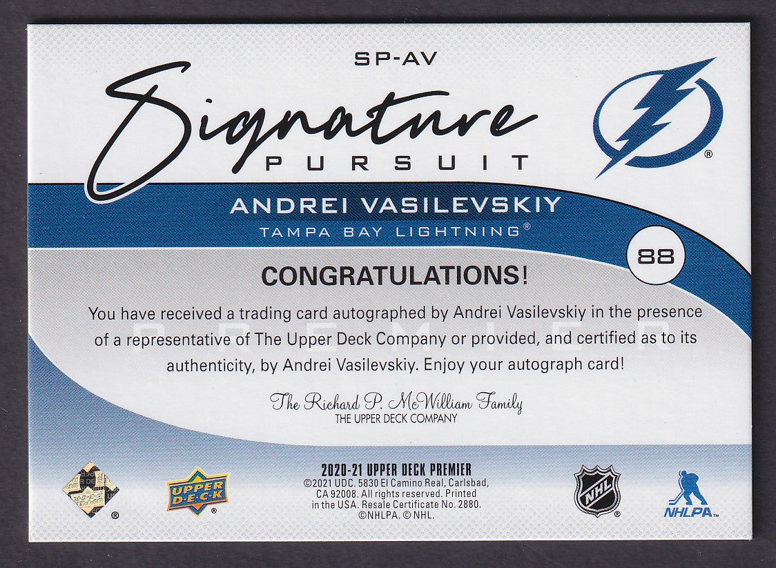 ANDREI VASILEVSKIY - 2020 Upper Deck Premier Signature Pursuit Auto #SP-AV, /35