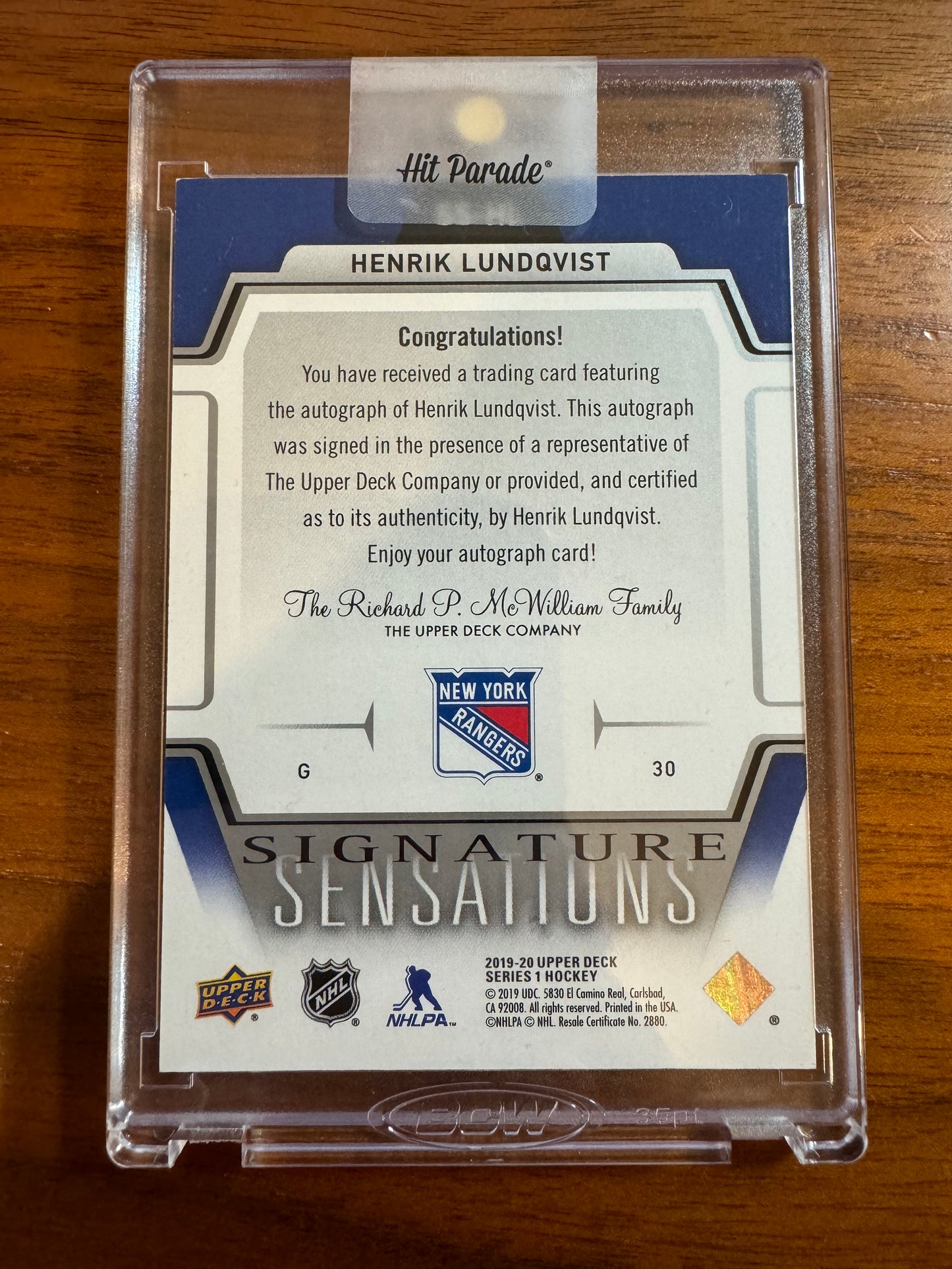 HENRIK LUNDQVIST - 2019 Upper Deck Signature Sensations Auto #SS-HL