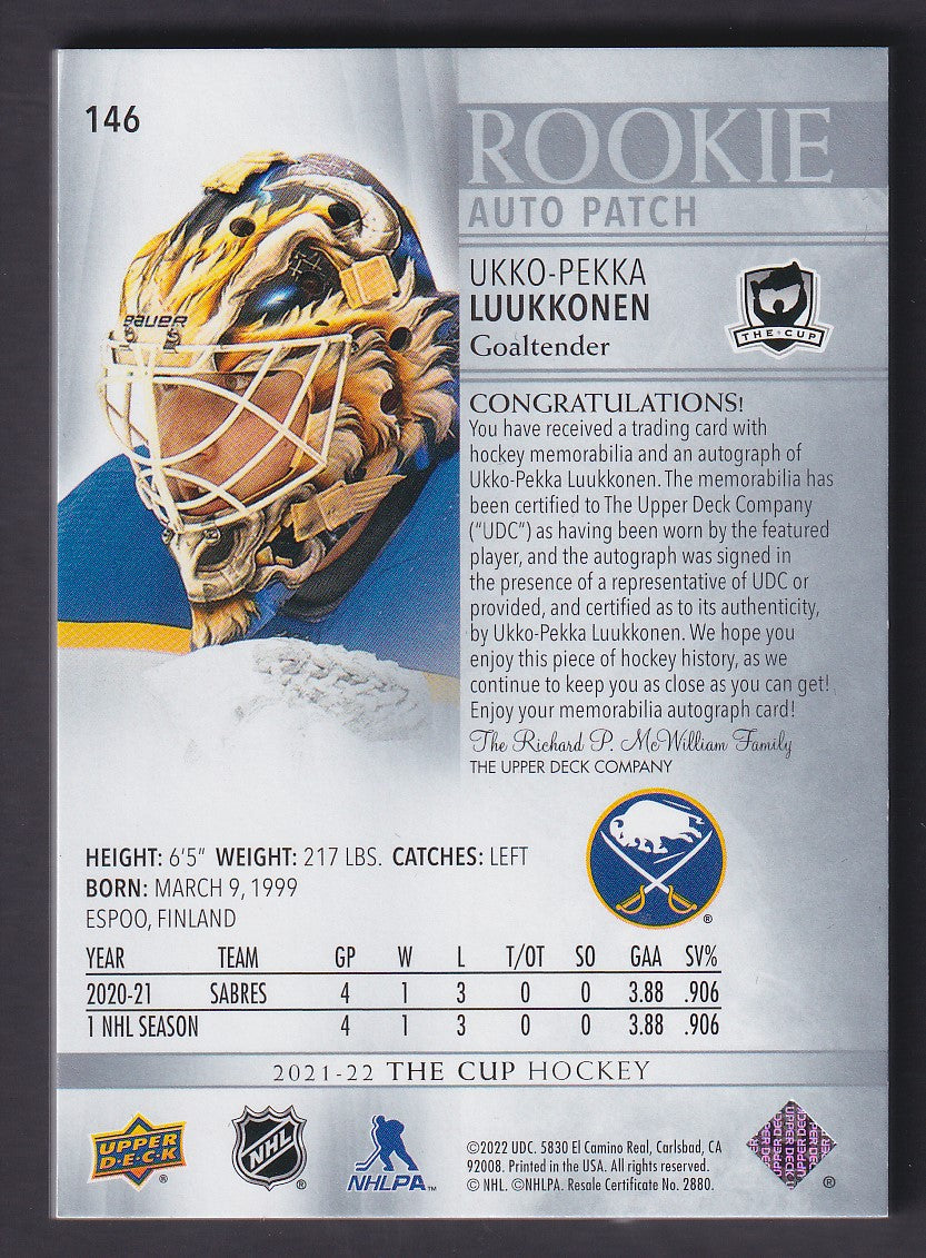 UKKO-PEKKA LUUKKONEN - 2021 The Cup Rookie Patch Auto #146, /249