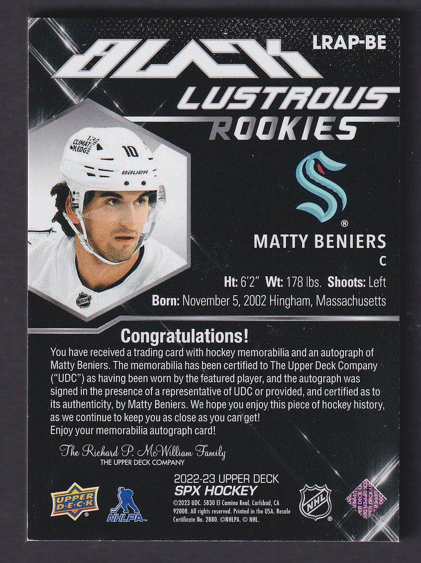 MATTY BENIERS - 2022 Upper Deck Black Lustrous Rookie Patch Auto #LRAP-BE, /75