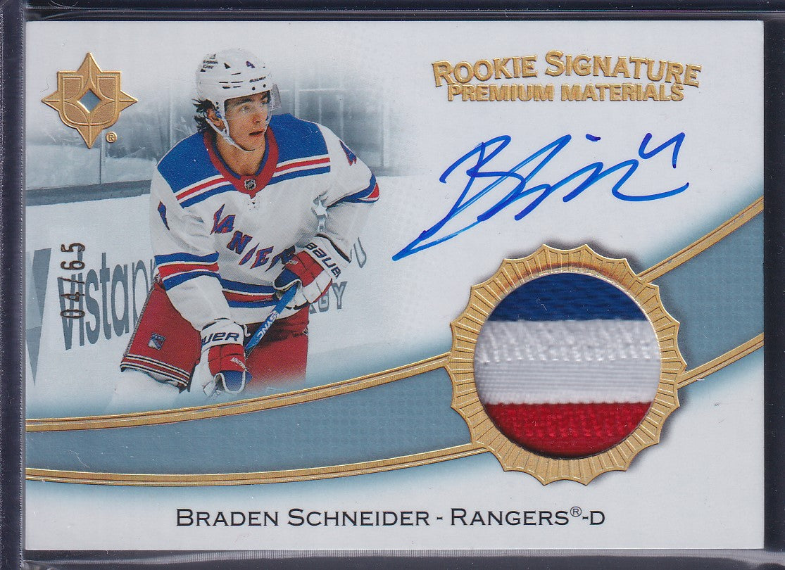 BRADEN SCHNEIDER - 2022 UD Ultimate Rookie Signature Premium Materials /65