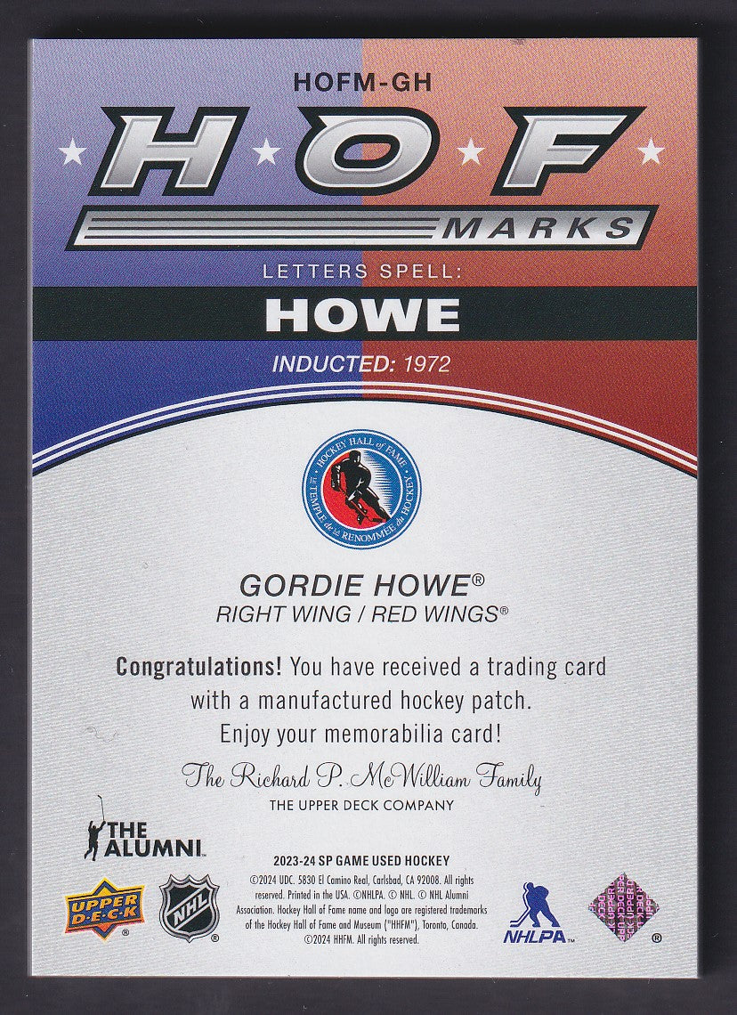 GORDIE HOWE - 2023 SP Game Used HOF Marks O #HOFM-GH, /35