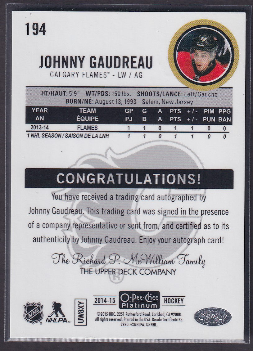 JOHNNY GAUDREAU - 2014 O-Pee-Chee Platinum Rookie Auto #194