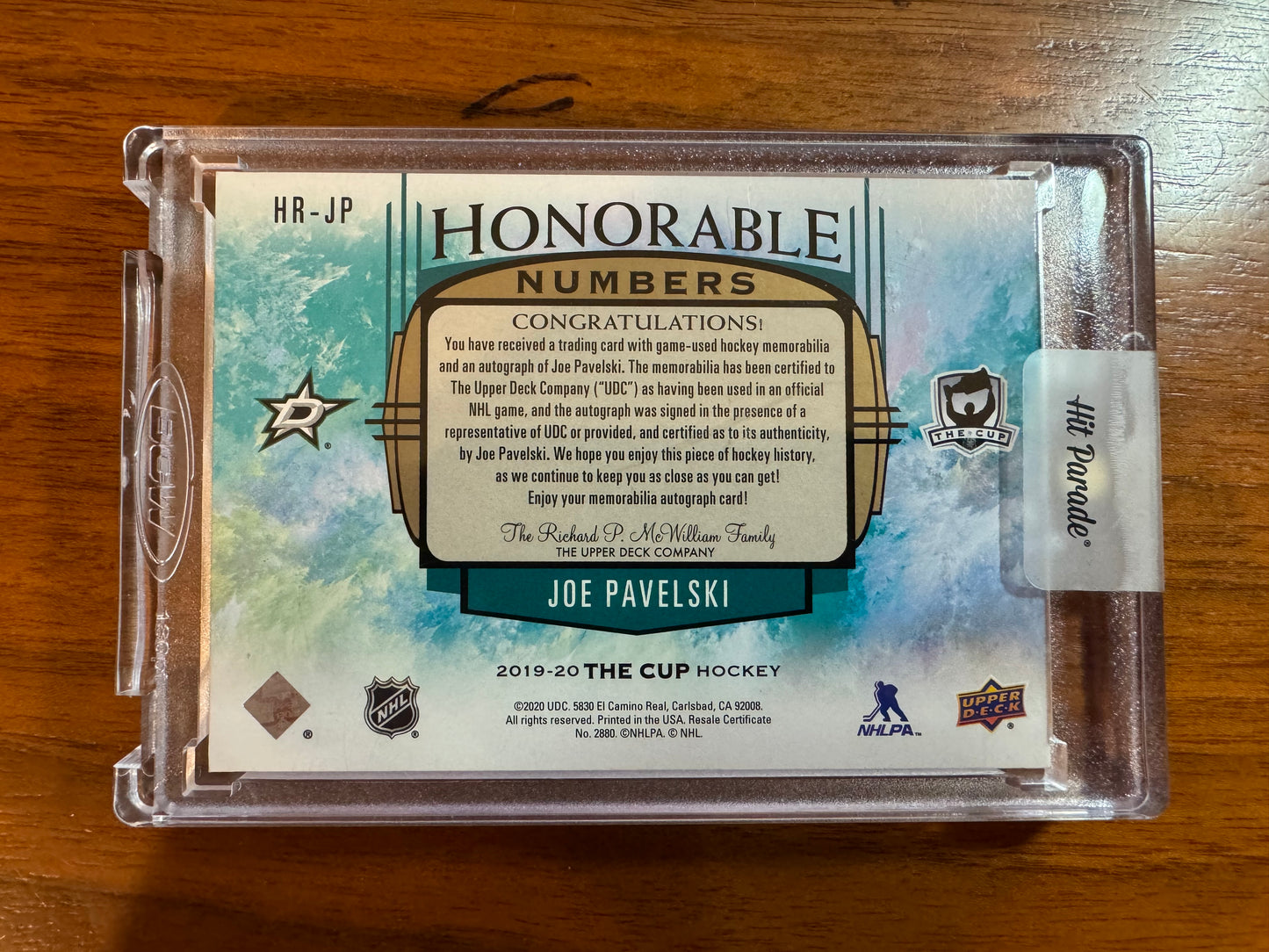 JOE PAVELSKI - 2019 The Cup Honorable Numbers Auto Patch #HR-JP, /16