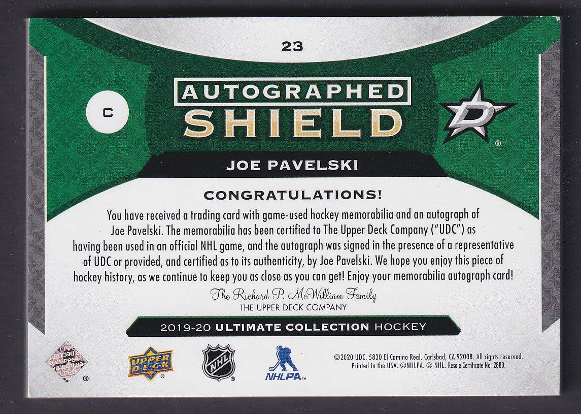 JOE PAVELSKI - 2019 Ultimate Autographed Shield Auto #23, 1/1