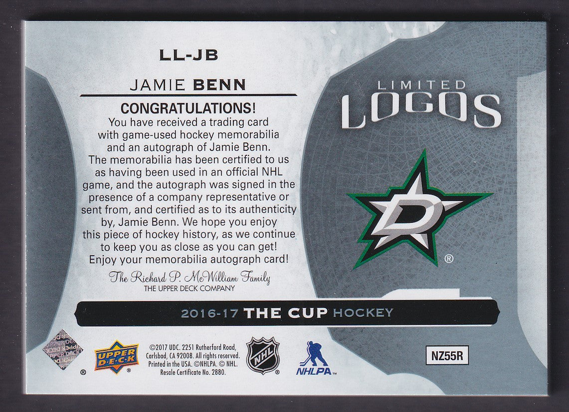 JAMIE BENN - 2016 Cup Limited Logos Auto Patch #LL-JB, /50