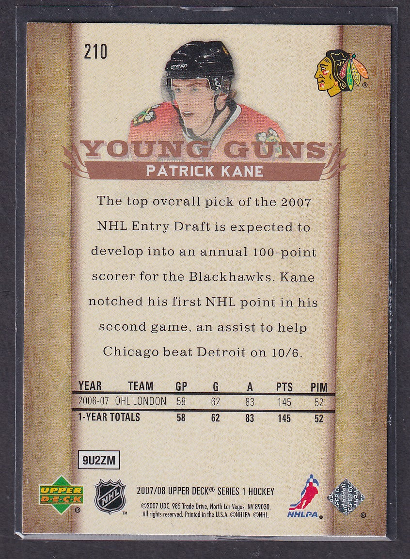 PATRICK KANE - 2007 Upper Deck Young Guns #210 (SEE FLAW AT BOTTOM)