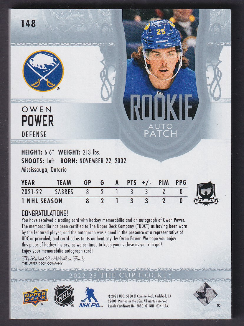 OWEN POWER - 2022 The Cup Rookie Auto Patch #148, /99