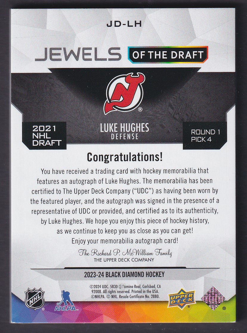 LUKE HUGHES - 2023 UD Black Diamond Jewels of the Draft Auto Patch #JD-LH, /49