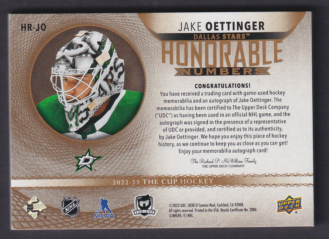 JAKE OETTINGER - 2022 The Cup Honorable Numbers Auto Patch #HR-JO, /30