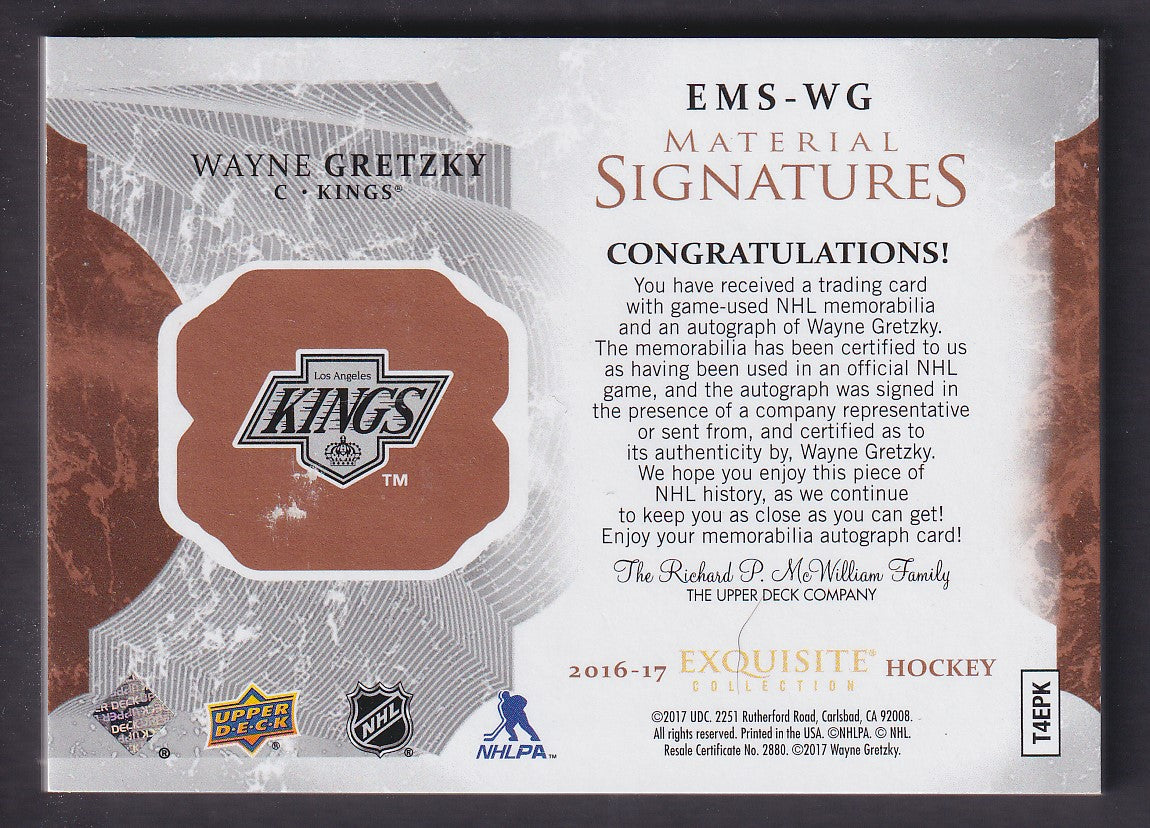 WAYNE GRETZKY - 2016 Upper Deck Exquisite Auto Glove Patch #EMS-WG, /10