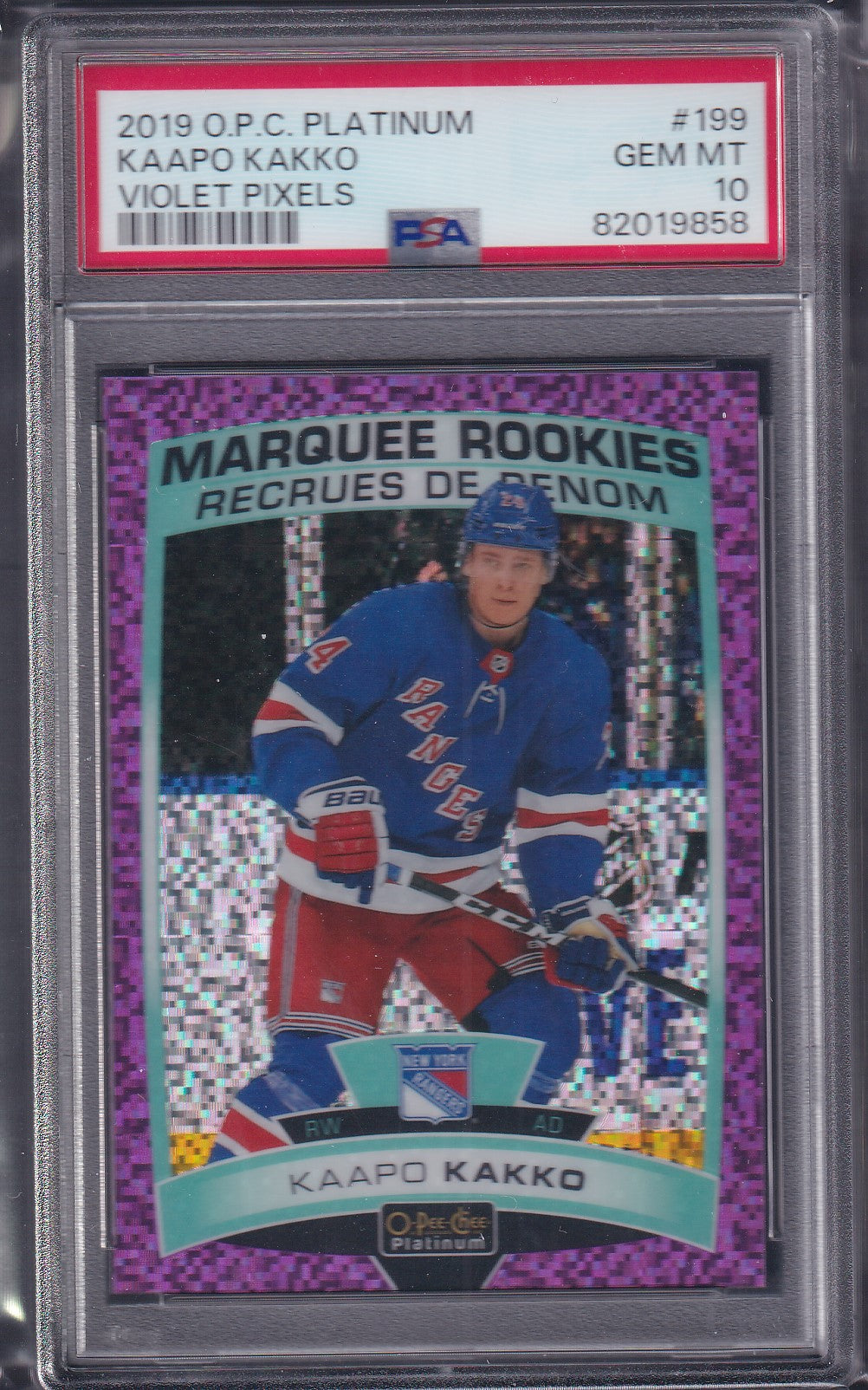 KAAPO KAKKO - 2019 O-Pee-Chee Platinum Rookie VIOLET PIXELS #199, PSA 10, /399