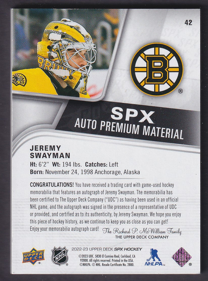 JEREMY SWAYMAN - 2022 Upper Deck SPx Auto with Sick Patch #42, 1/1