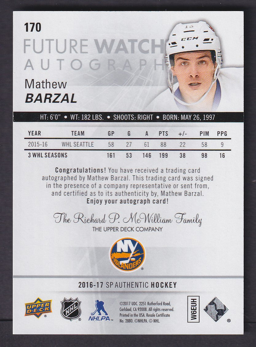 MATHEW BARZAL - 2016 SP Authentic Future Watch Auto #170, /999