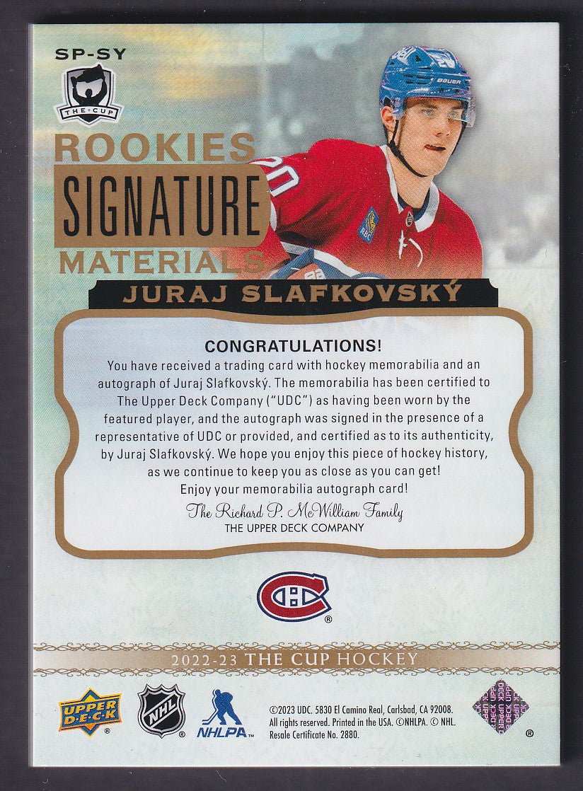 JURAJ SLAFKOVSKY - 2022 Cup Rookie Signature Materials Auto Patch #SP-SY, /99