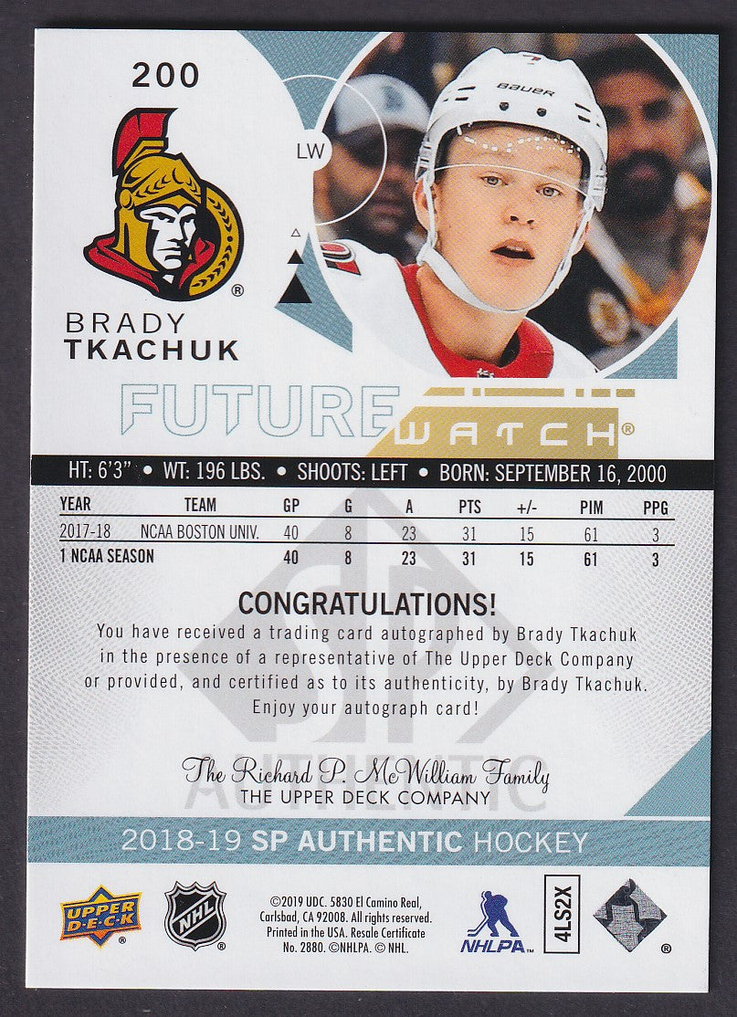 BRADY TKACHUK - 2018 SP Authentic Future Watch Auto INSCRIBED #200, /50