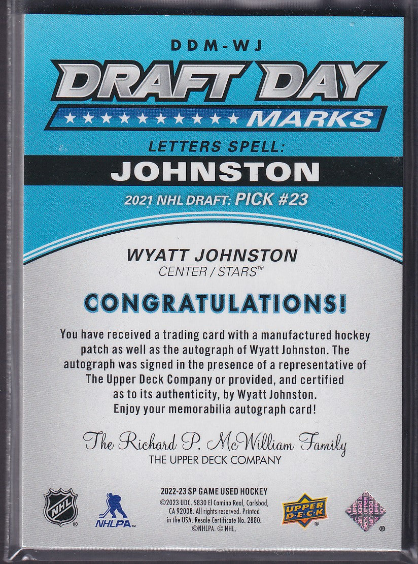 WYATT JOHNSTON - 2022 SP Game Used Draft Day Marks Auto #DDM-WJ, /35