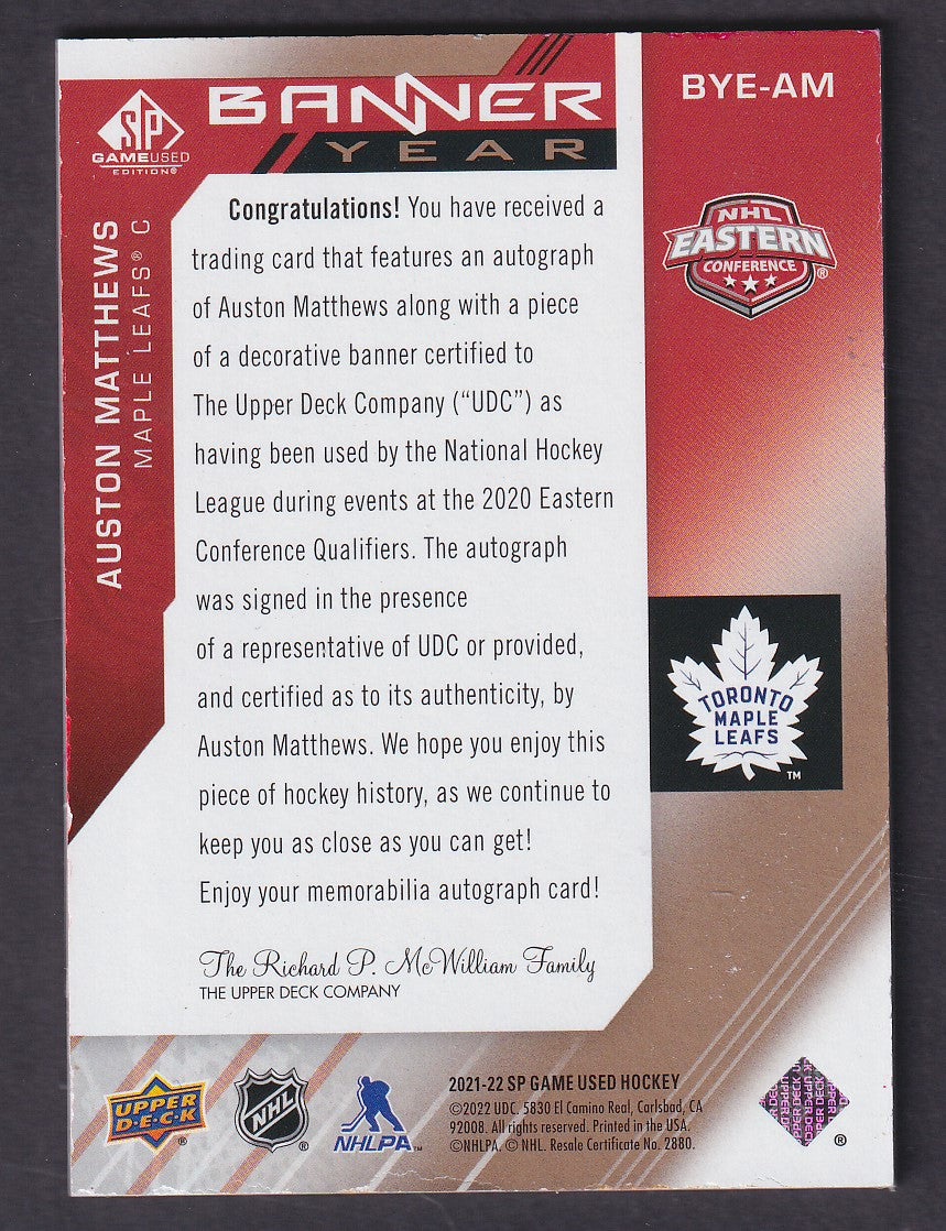 AUSTON MATTHEWS - 2021 SP Game Used Banner Year Auto #BYE-AM, /25