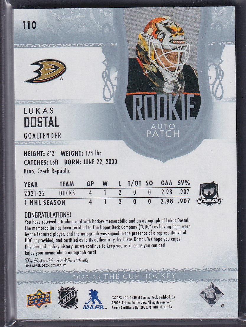 LUKAS DOSTAL - 2022 The Cup Rookie Patch Auto 3-Color #110, /249