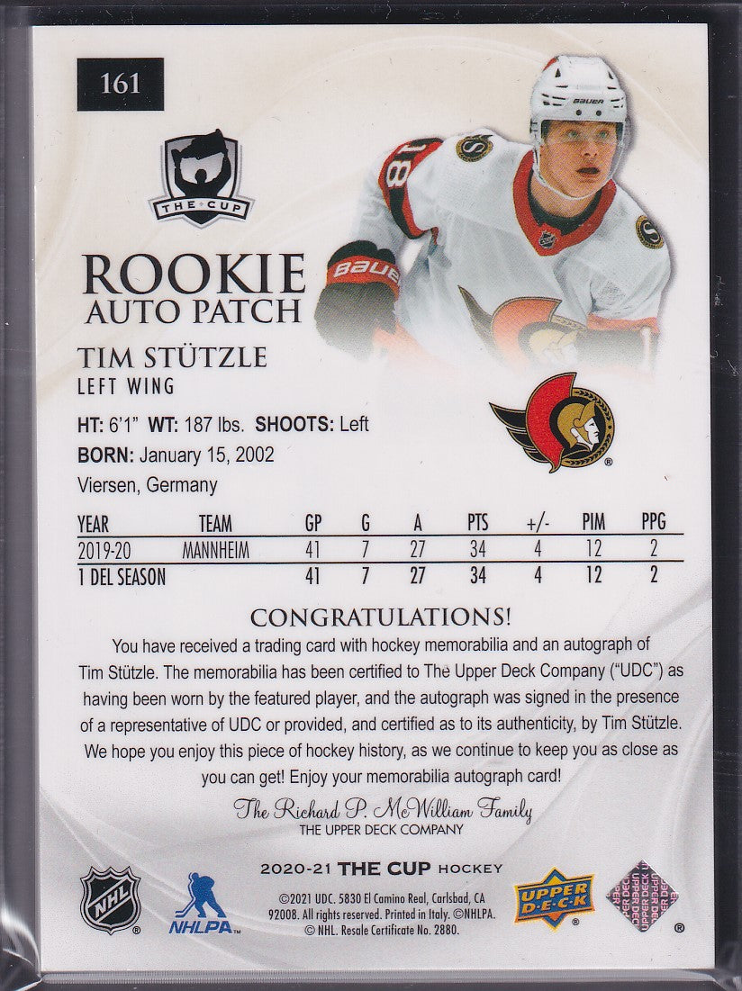 TIM STUTZLE - 2020 The Cup Rookie Auto Patch #161, /12