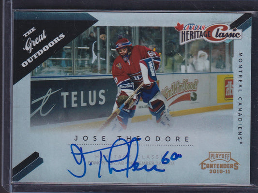 JOSE THEODORE - 2011 Panini Contenders The Great Outdoors Heritage Auto #1, /50