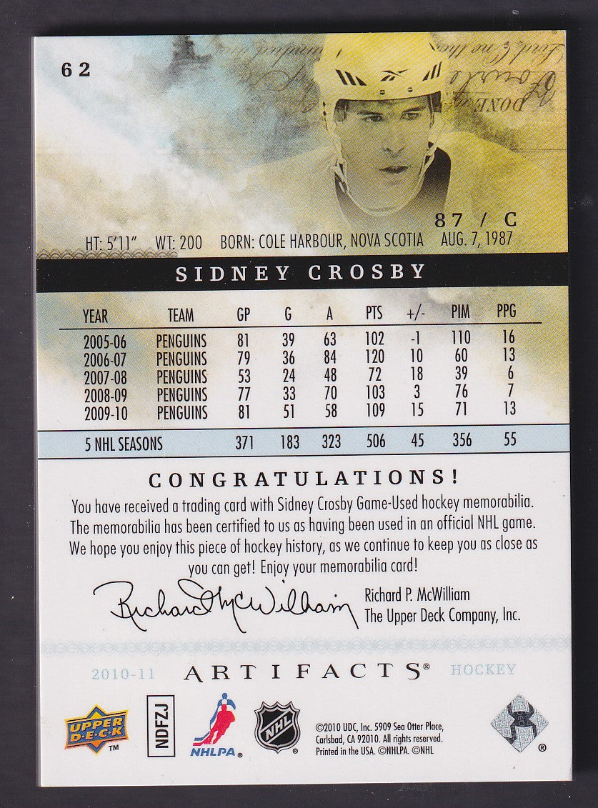 SIDNEY CROSBY - 2010 Upper Deck Artifacts Dual Patch #62, /15