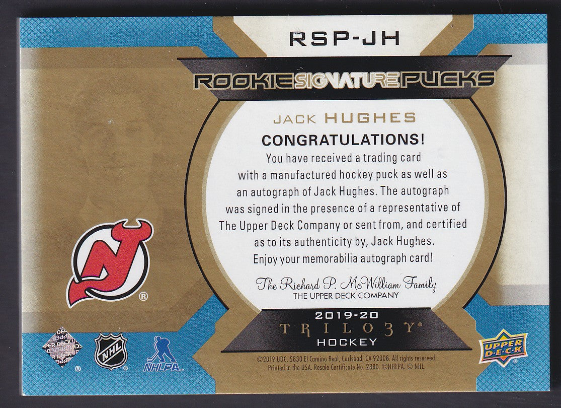 JACK HUGHES - 2019 UD Trilogy Rookie Signature Pucks Auto #RSP-JH, /25