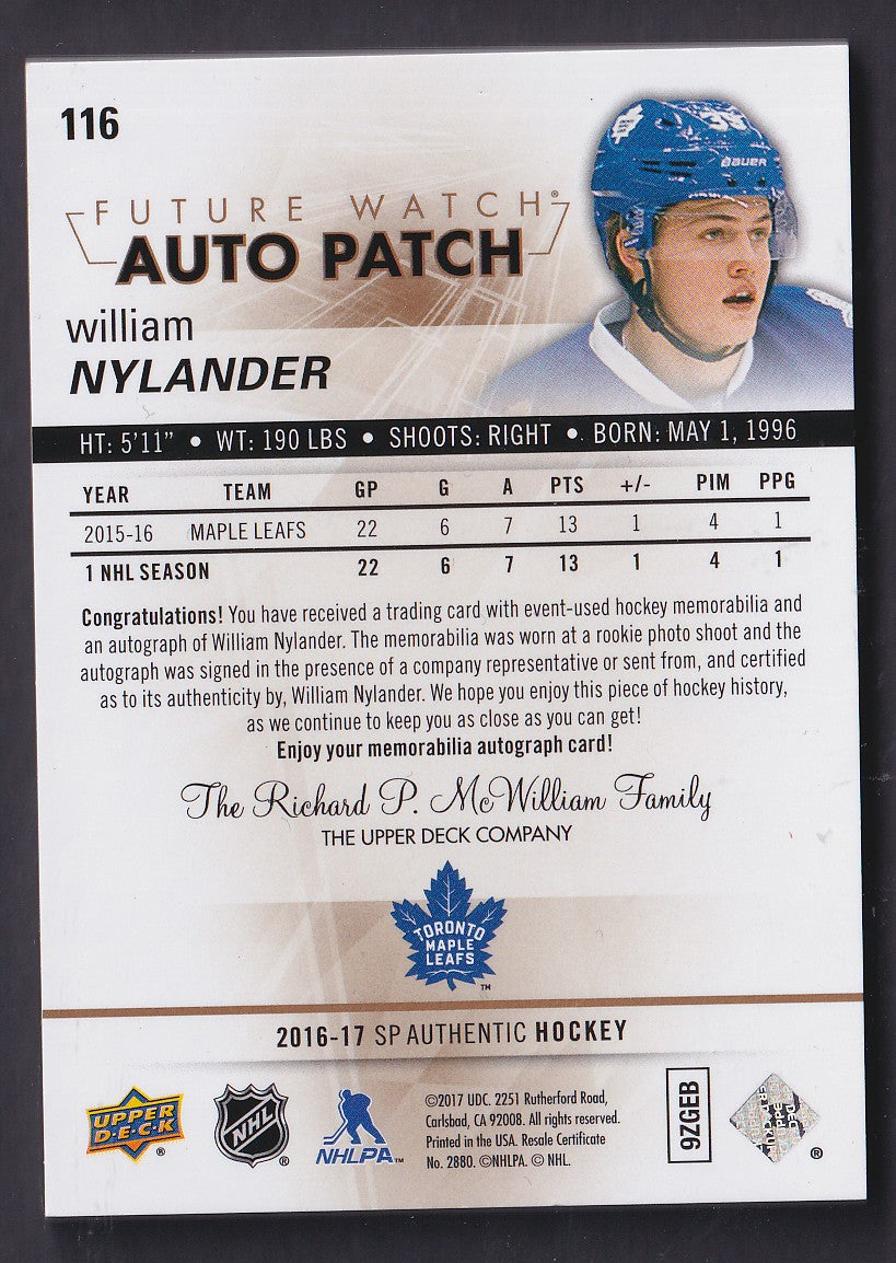 WILLIAM NYLANDER - 2016 SP Authentic Future Watch Auto Patch #116, /100