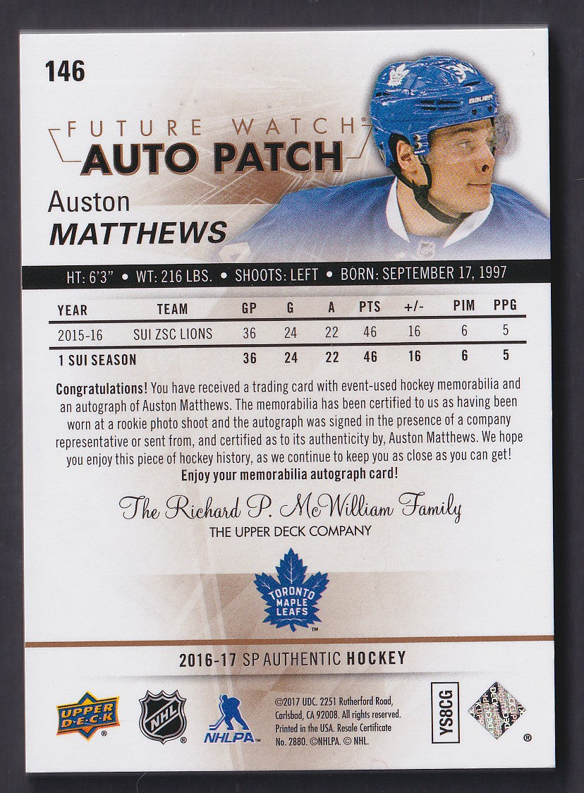 AUSTON MATTHEWS - 2016 SP Authentic Future Watch Auto Patch #146, /100