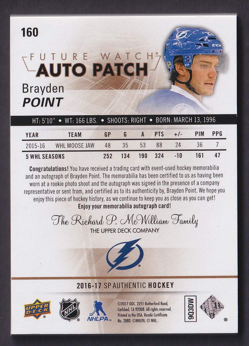 BRAYDEN POINT - 2016 SP Authentic Future Watch Auto Patch #160, /100