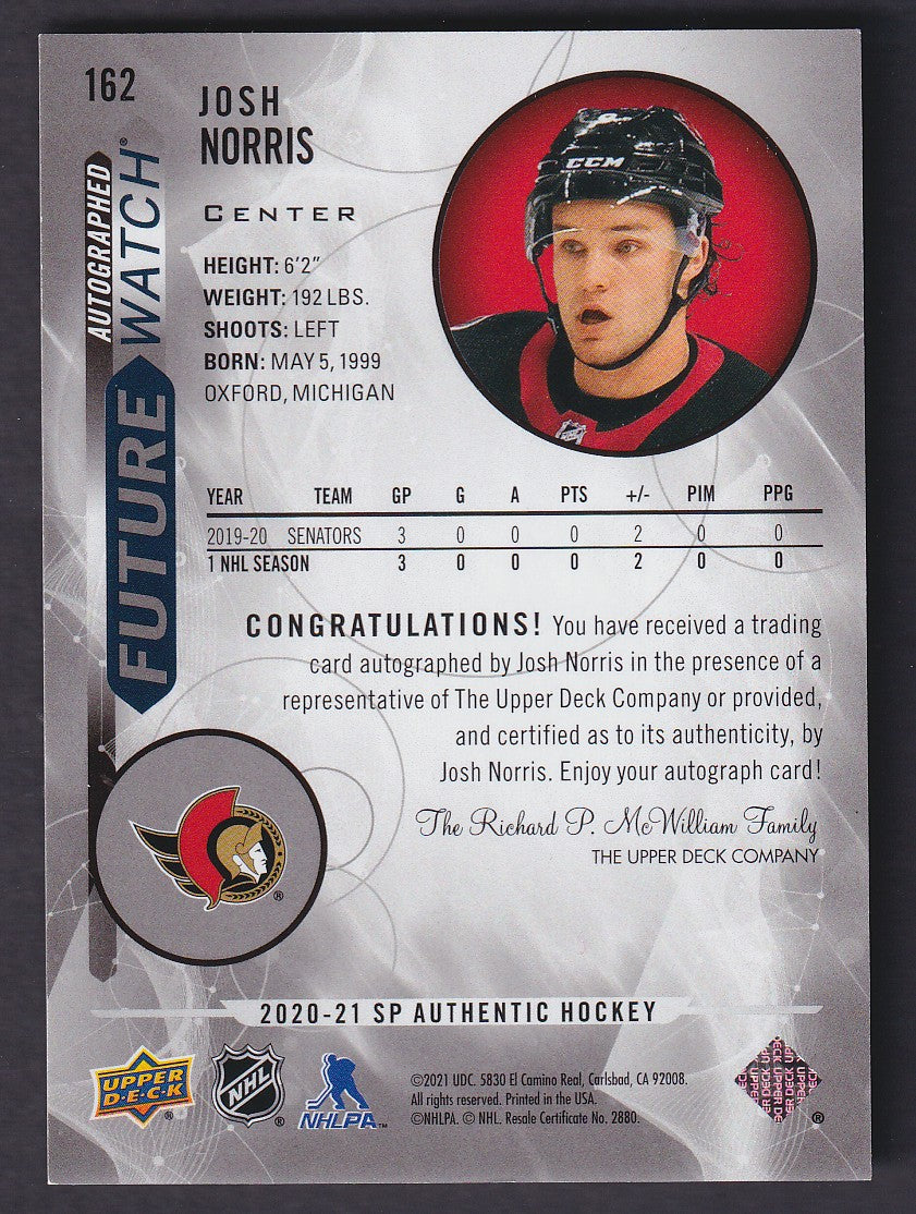 JOSH NORRIS - 2020 SP Authentic Future Watch Auto BLACK #162