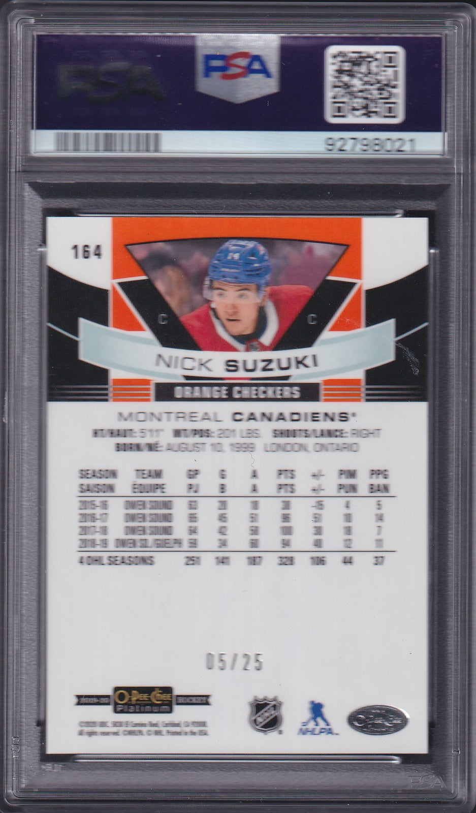 NICK SUZUKI - 2019 O-Pee-Chee Plat Rookie ORANGE CHECKERS #164, /25, PSA 9