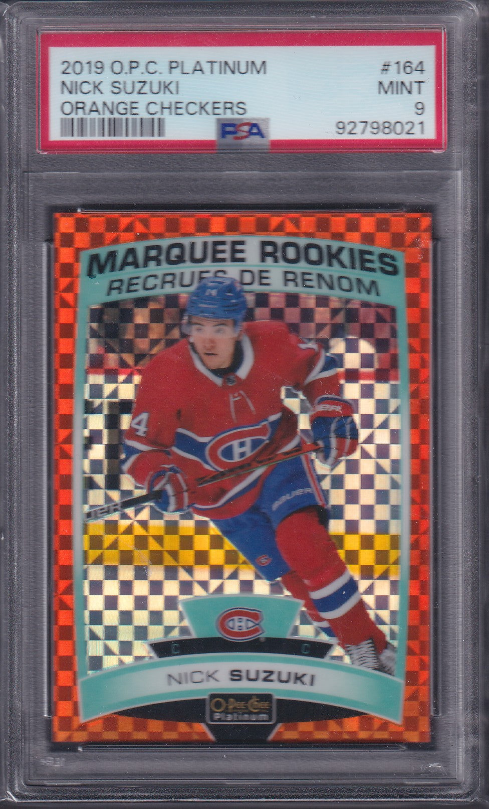 NICK SUZUKI - 2019 O-Pee-Chee Plat Rookie ORANGE CHECKERS #164, /25, PSA 9