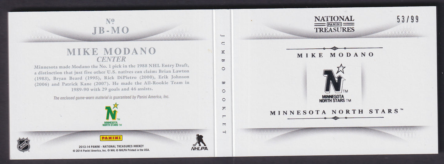 MIKE MODANO - 2013 Panini National Treasures Jumbo Patch Booklet #JB-MO, /99