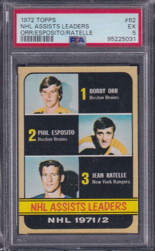 ORR/ESPOSITO/RATELLE - 1972 Topps NHL Assists Leaders #62, PSA 5