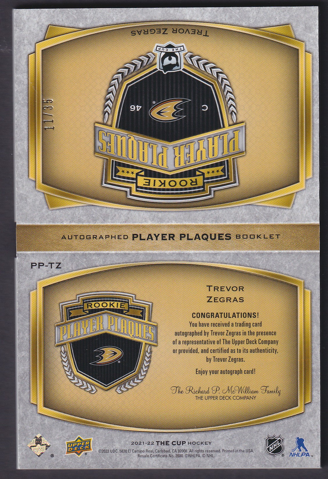 TREVOR ZEGRAS - 2021 The Cup Rookie Player Plaques Auto Booklet #PP-TZ, /35