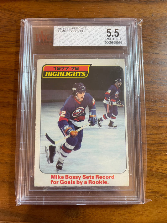 MIKE BOSSY - 1978 O-Pee-Chee Highlights Rookie Record #1, BVG 5.5