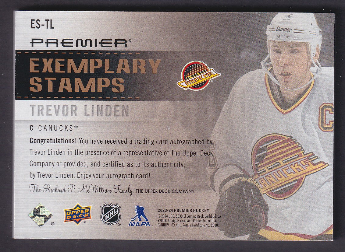 TREVOR LINDEN - 2023 Upper Deck Premier Exemplary Stamps Auto #ES-TL, 1/1