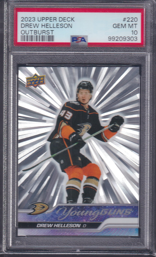 DREW HELLESON - 2023 Upper Deck Young Guns SILVER OUTBURST #220, PSA 10