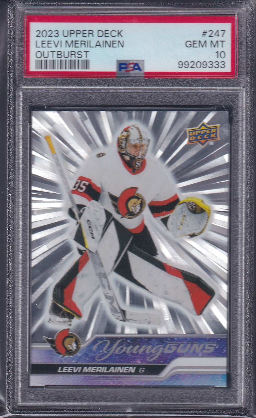 LEEVI MERILAINEN - 2023 Upper Deck Young Guns SILVER OUTBURST #247, PSA 10