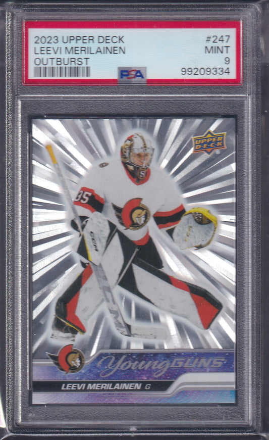 LEEVI MERILAINEN - 2023 Upper Deck Young Guns SILVER OUTBURST #247, PSA 9