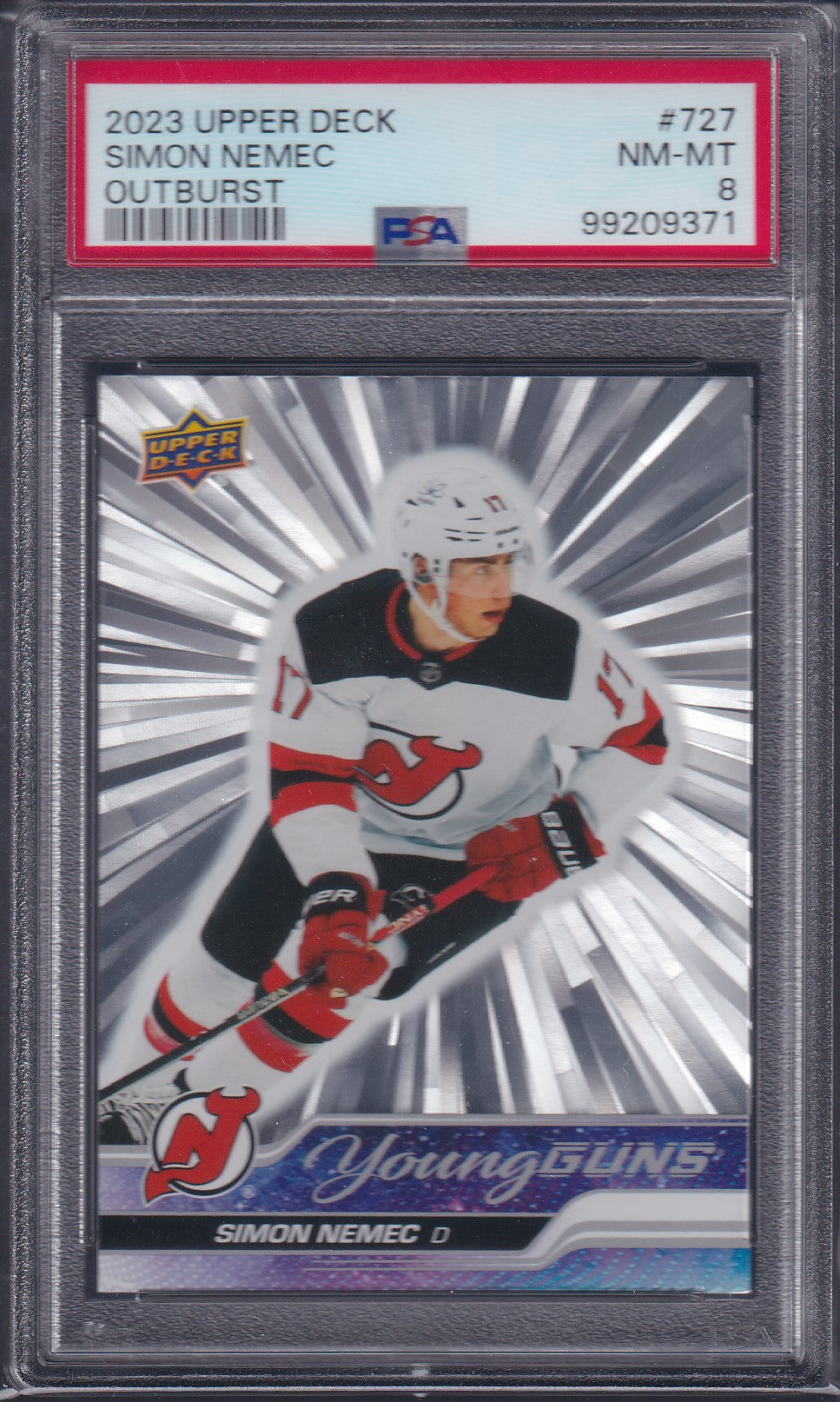 SIMON NEMEC - 2023 Upper Deck Young Guns SILVER OUTBURST #727, PSA 8