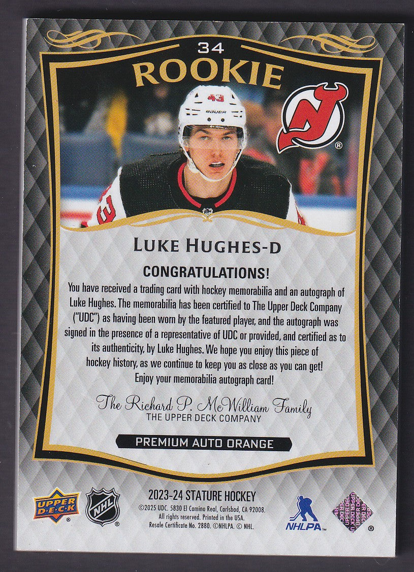 LUKE HUGHES - 2023 Upper Deck Stature Rookie Auto Patch #34, /15