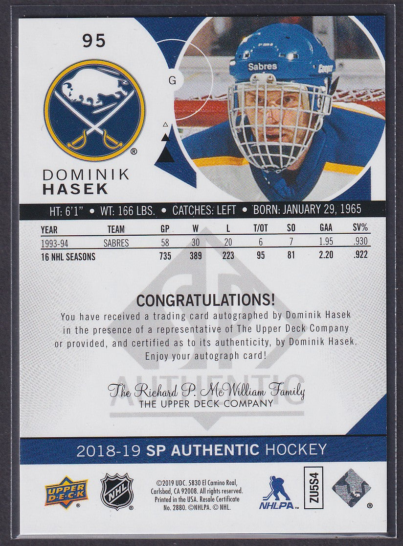 DOMINIK HASEK - 2018 SP Authentic GOLD ON BLACK Auto #95, SSP, 5-8 Printed