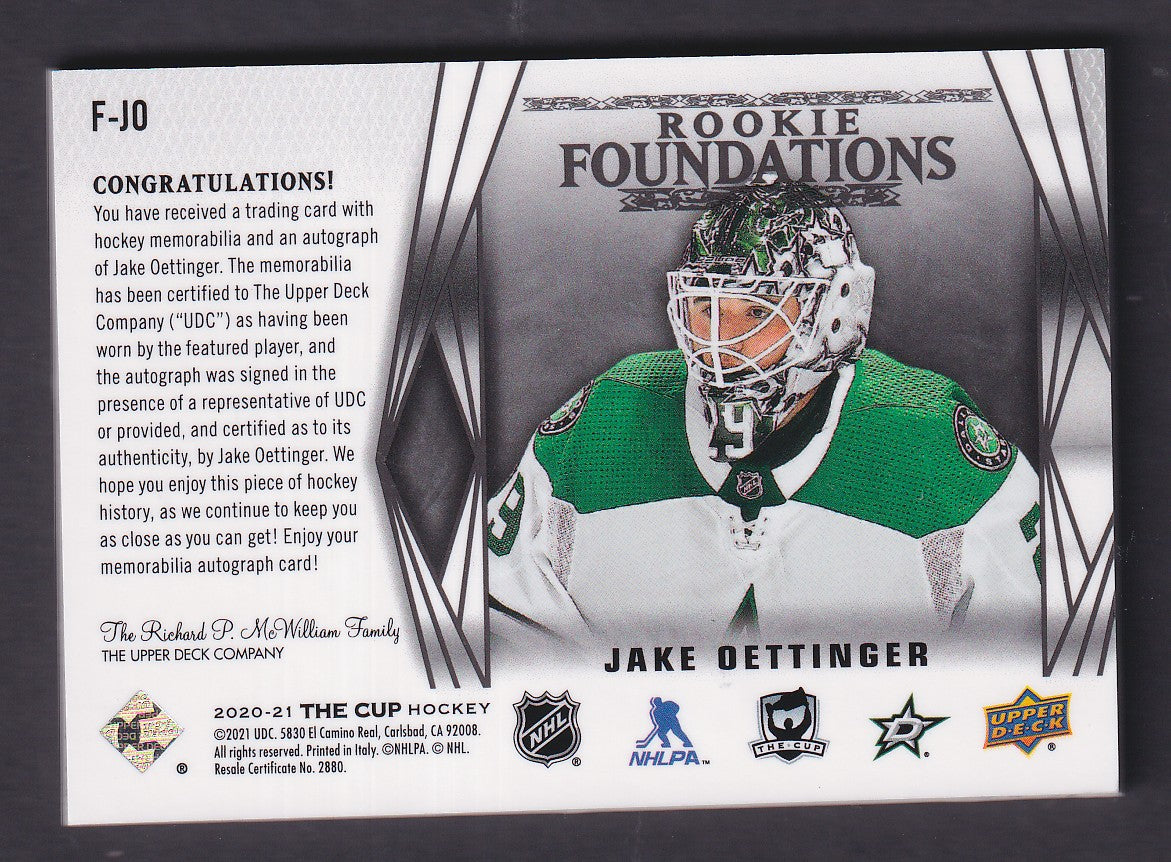 JAKE OETTINGER - 2020 The Cup Rookie Foundations Quad Patch Auto #F-JO, 1/1