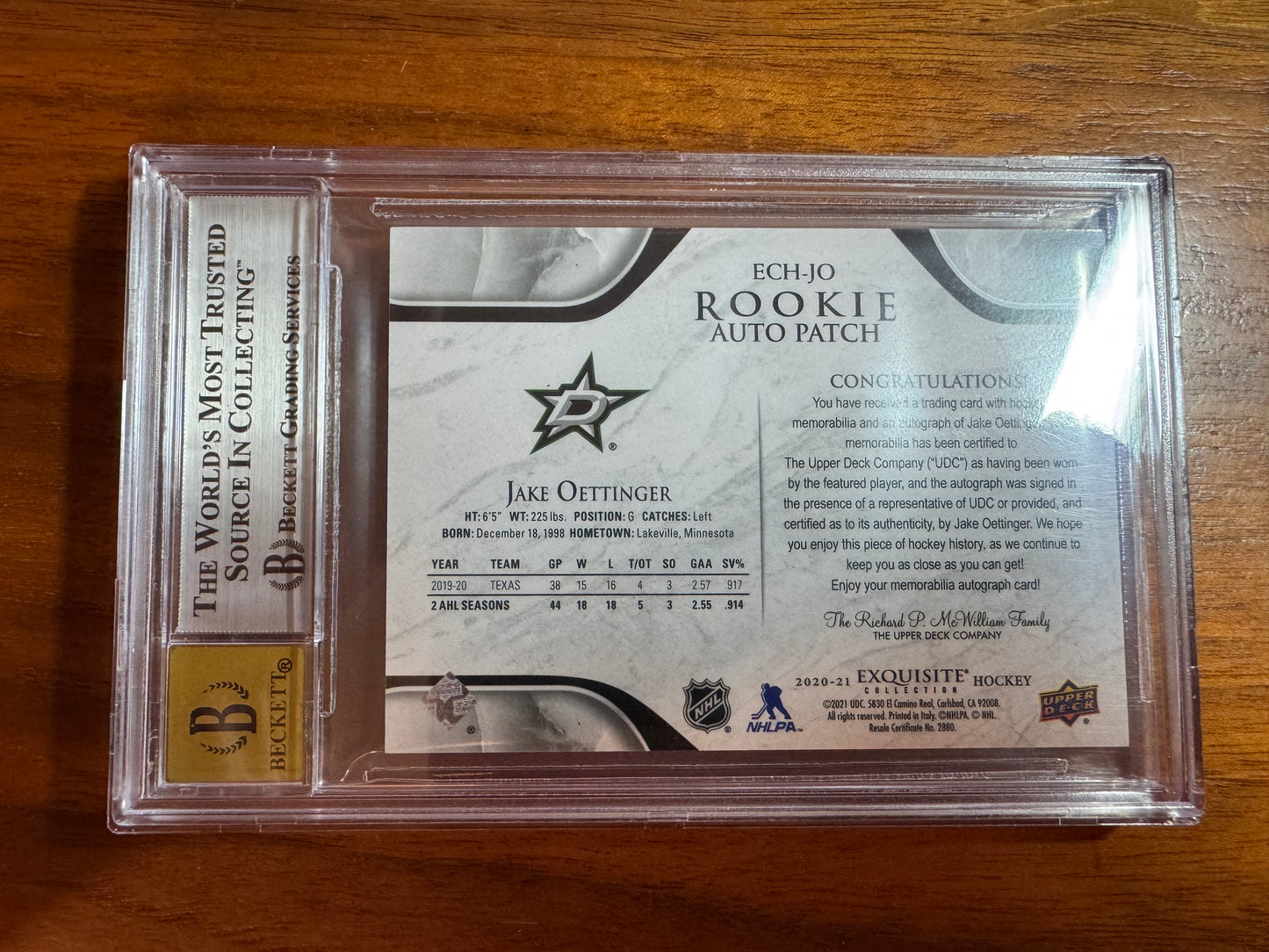 JAKE OETTINGER - 2020 Upper Deck Exquisite Rookie Auto Patch /25 #ECH-JO BGS 8.5