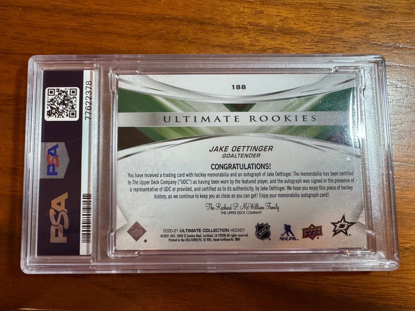 JAKE OETTINGER - 2020 Upper Deck Ultimate Rookies Auto Patch #188, /15, PSA 8